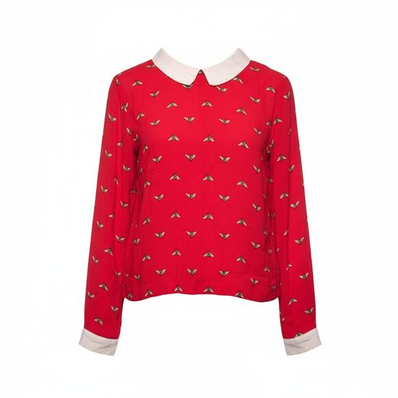 Forever 21 Red Bee Print Peter Pan Collar Blouse Size Medium - Picture 1 of 9